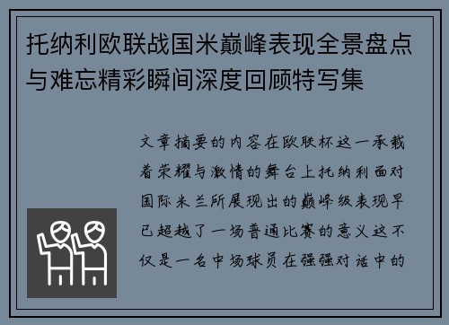 托纳利欧联战国米巅峰表现全景盘点与难忘精彩瞬间深度回顾特写集